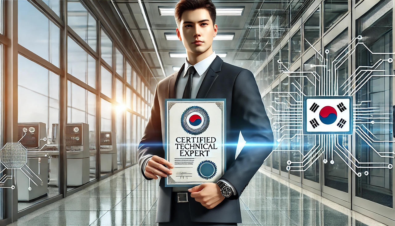 DALL·E 2024-06-20 22.13.17 - A realistic image depicting a certified technical expert in South Korea. The expert is in a professional setting, holding a certificate or badge, symb.jpg