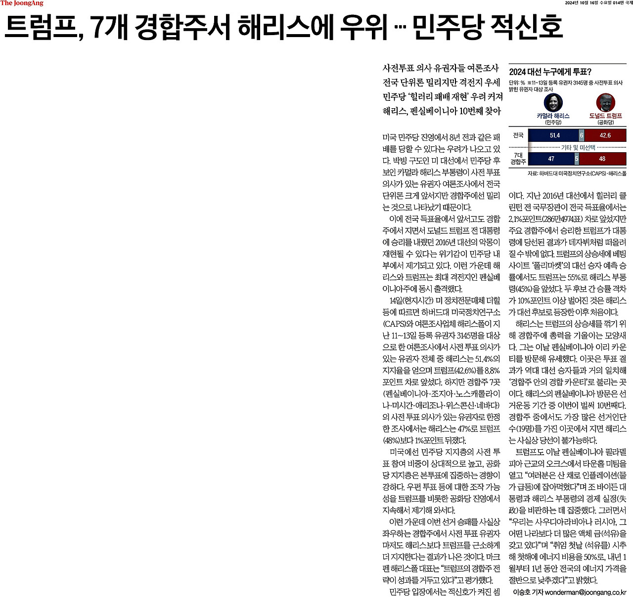 중앙일보_트럼프, 7개 경합주서 해리스에 우위 ... 민주당 적신호_2024-10-16.jpg