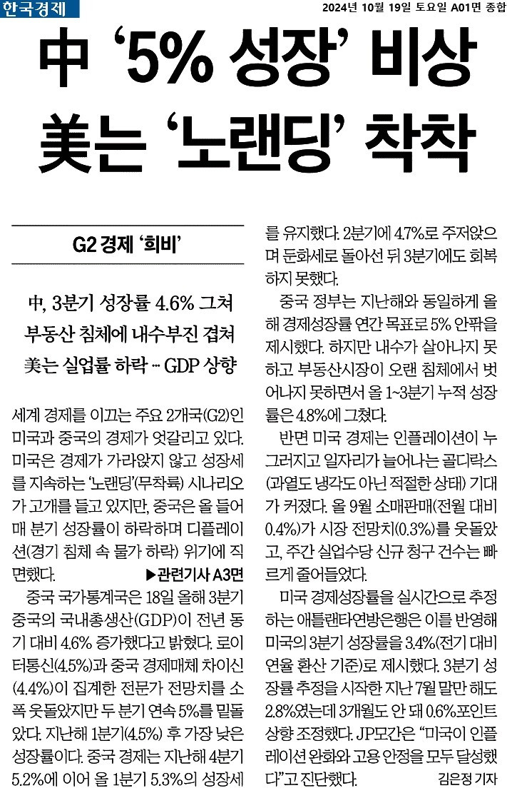 한국경제_中 ‘5% 성장’ 비상 美는 ‘노랜딩’ 착착_2024-10-19.jpg