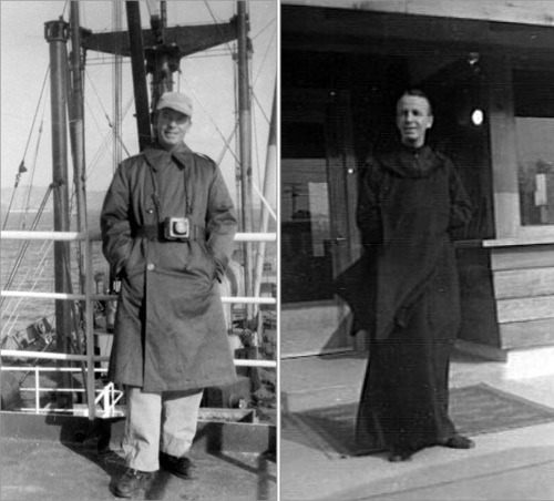 ▲ 라루 선장(1950.12, 흥남, 메러디스 호 선상) (사진우측) ▲ 수도원 성물가게 앞의 마리너스 수사.jpg