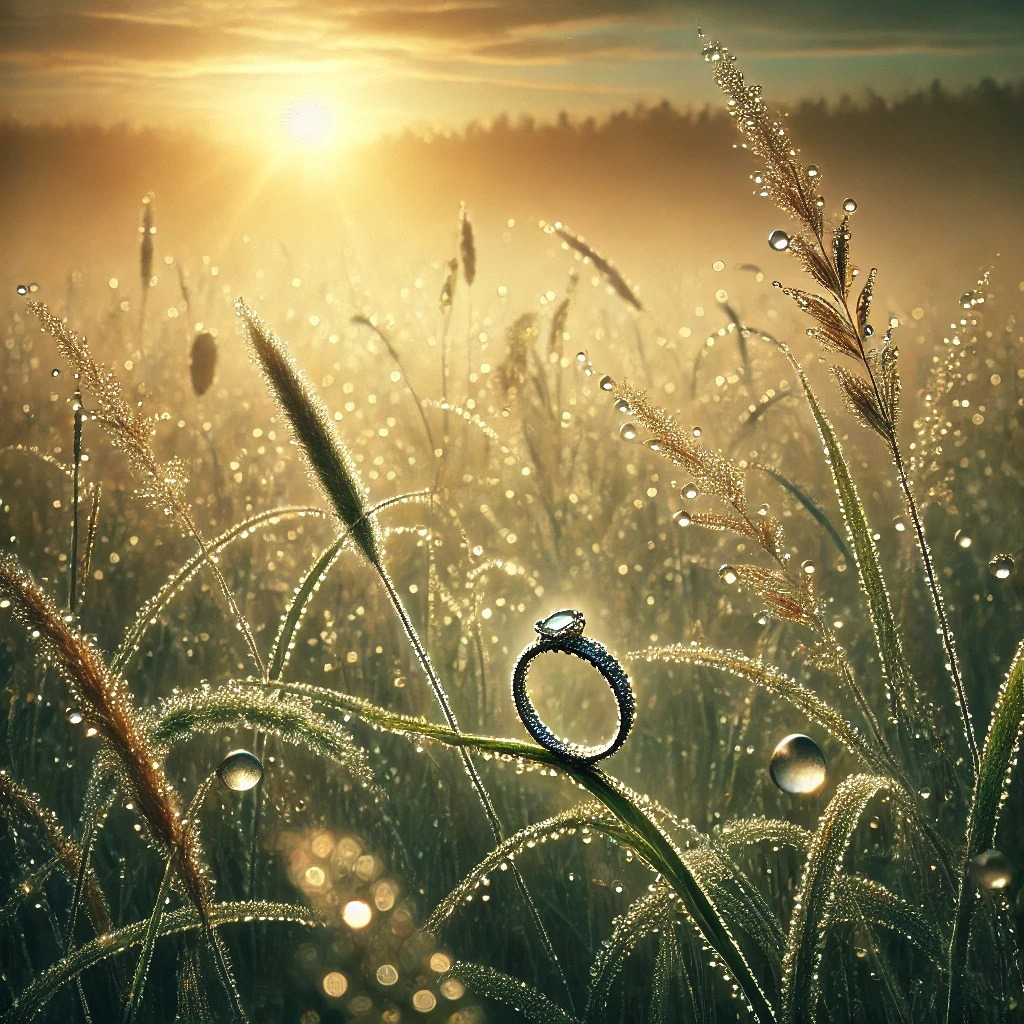 DALL·E 2025-01-15 12.43.50 - A serene morning scene in a dew-covered meadow. The foreground features blades of grass adorned with sparkling dew drops that look like tiny crystals .jpg