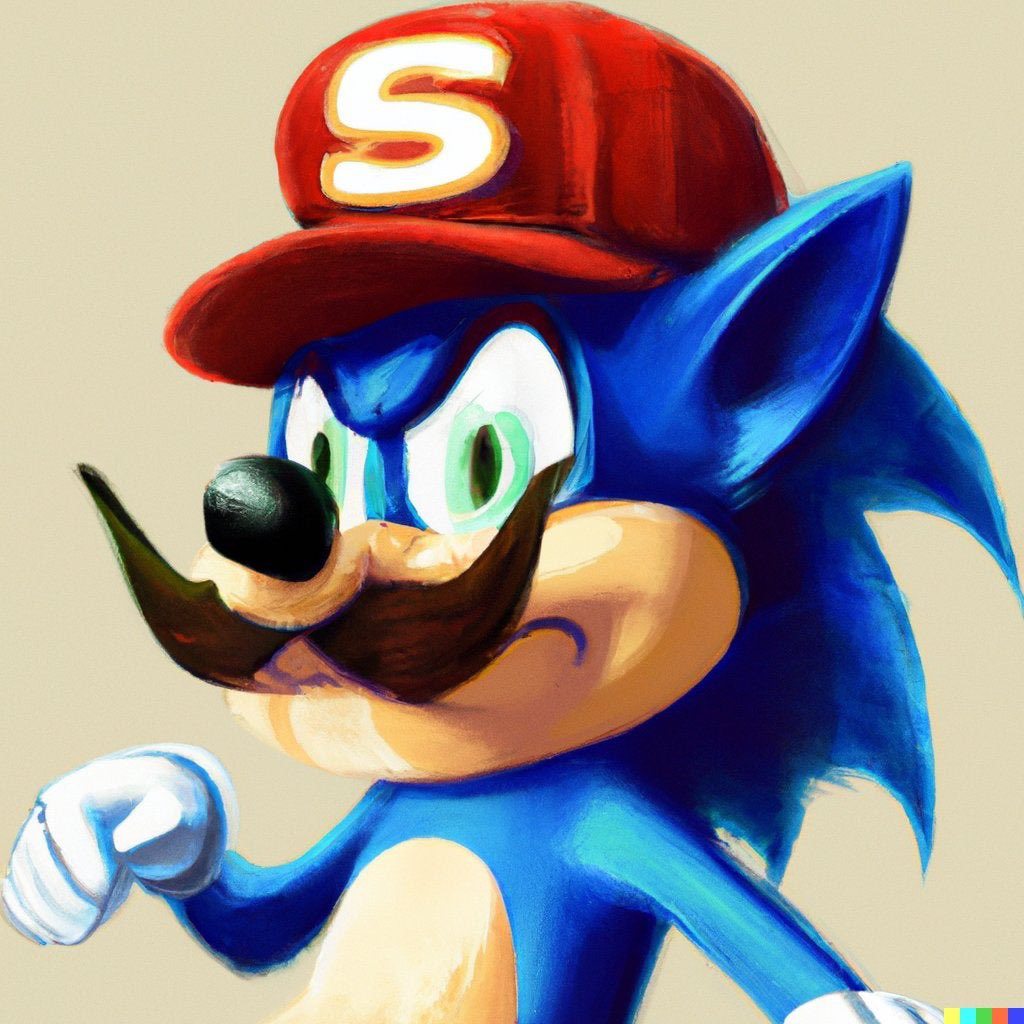 Sonic the Hedgehog dressed up like Mario with a mustache.jpg