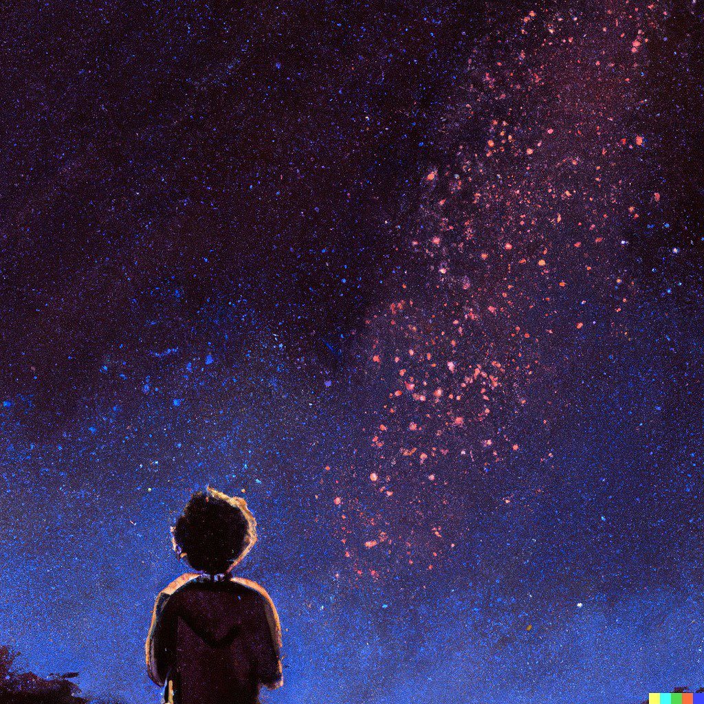 A person looking up into the heavens at night with the milky-way galaxy in view as a child's painting.jpg