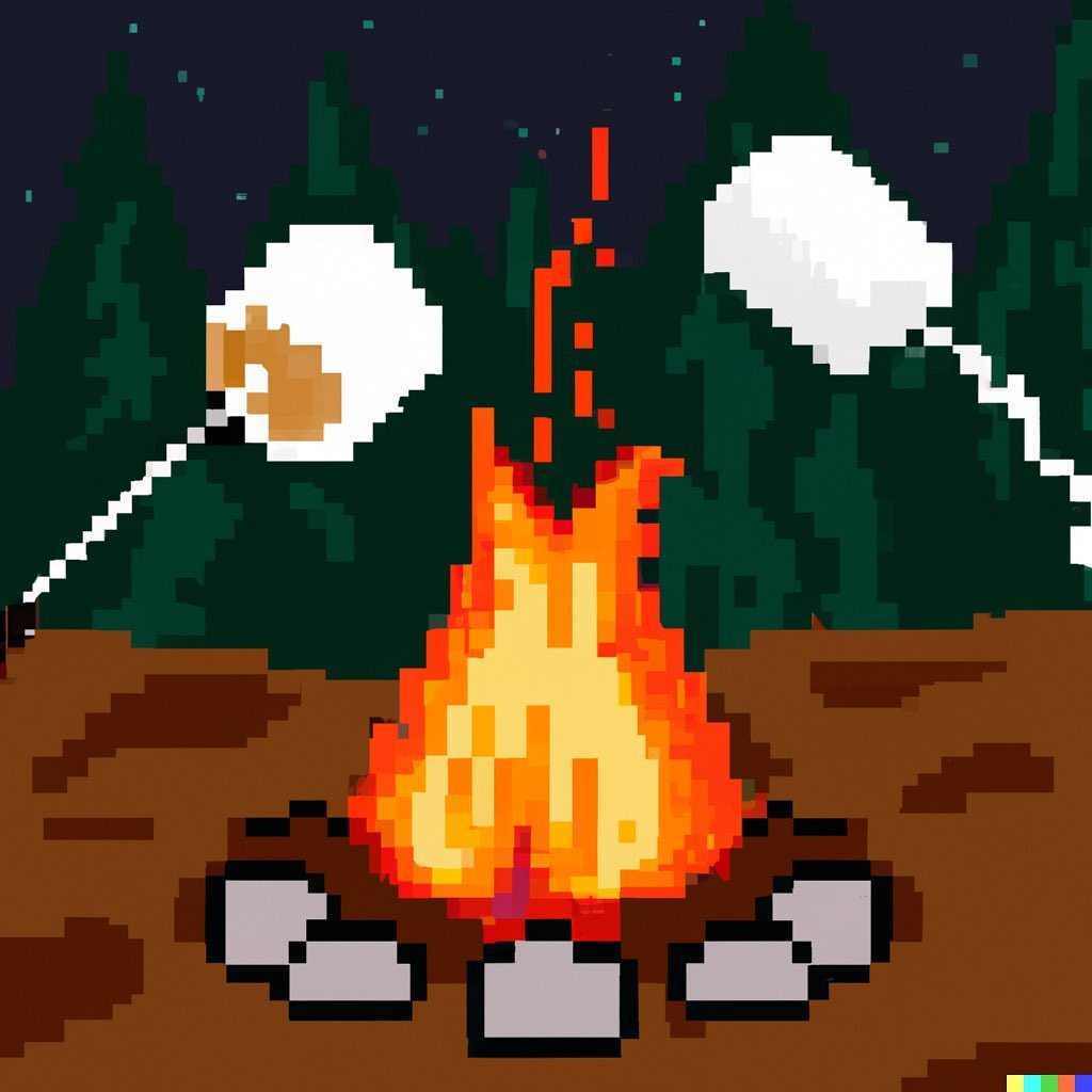 Pixel art of marshmallows roasting over a campfire in the woods.jpg