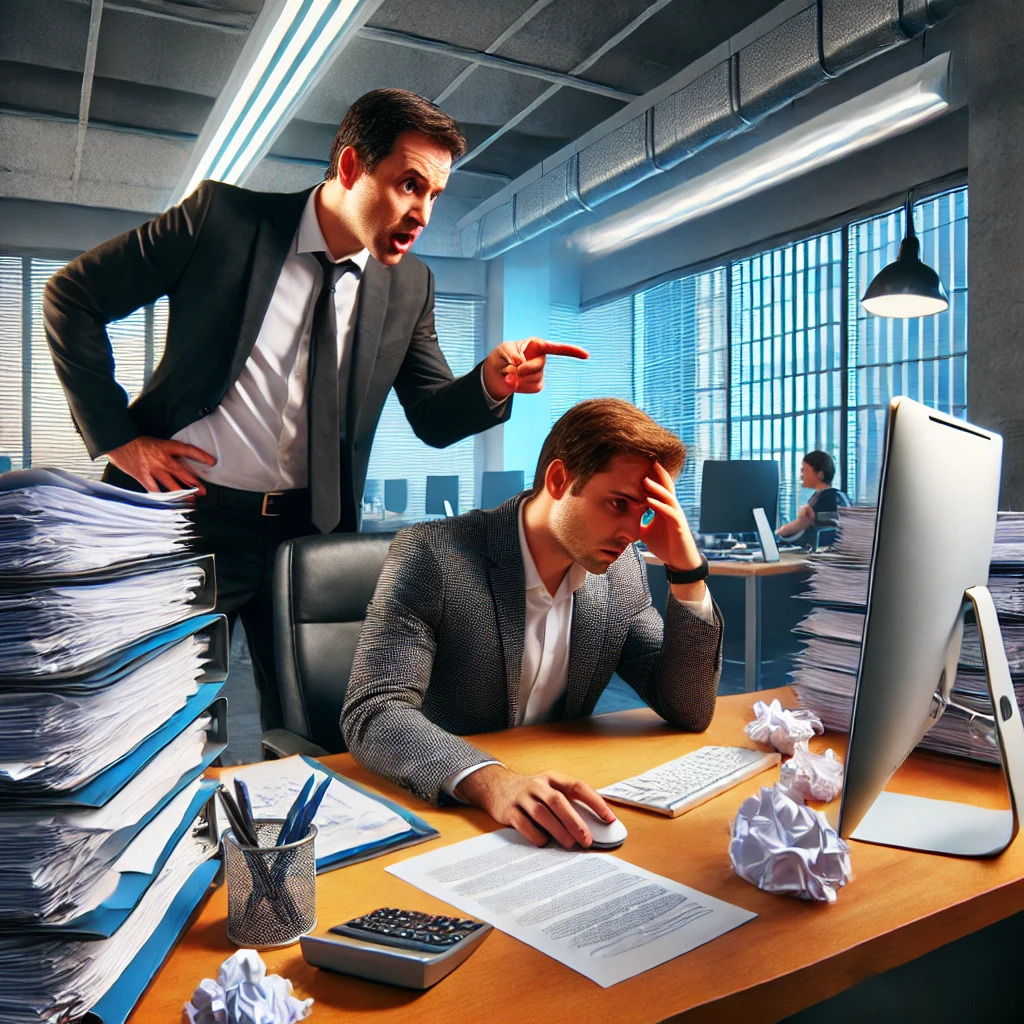 DALL·E 2025-01-05 10.40.24 - An office scene depicting micromanagement. A stressed employee is seated at a desk cluttered with documents, while a boss stands over their shoulder, .jpg