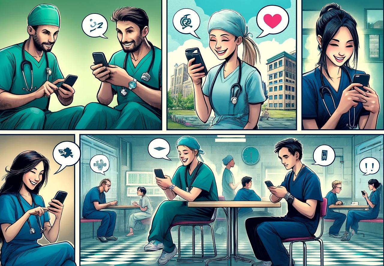 DALL·E 2024-04-22 15.55.14 - A multi-panel comic cartoon depicting four young surgeons, each in a different setting, communicating through their cellphones as if they are all in s 복사본.jpg
