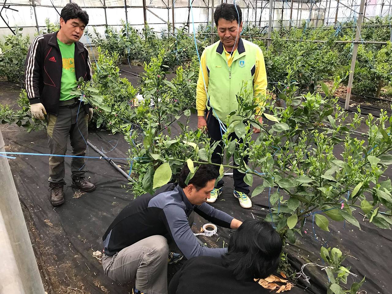 쪼그려 앉아서 실습하는 광경. 마이스터가 지긋이 내려다보며 웃고 있다..jpg