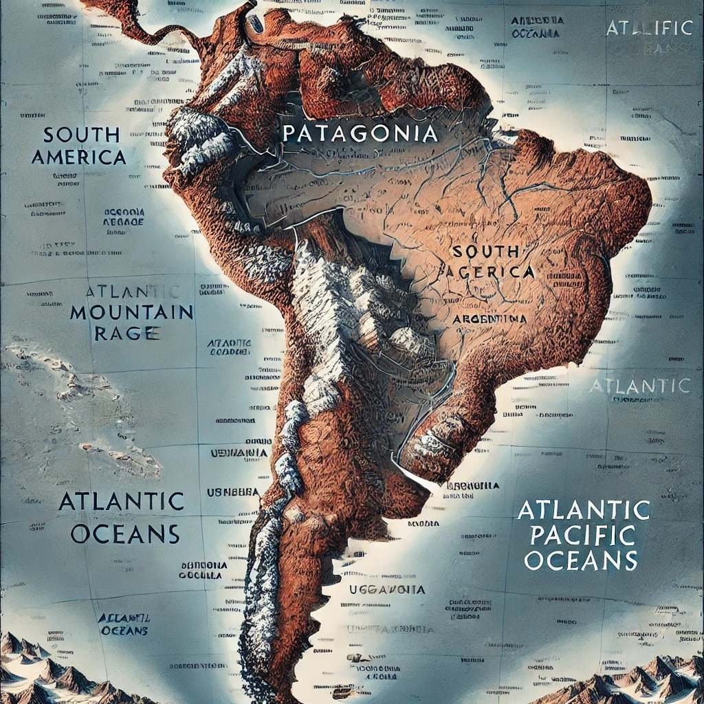 DALL·E 2025-01-12 02.18.07 - A detailed and labeled map of South America, highlighting the region of Patagonia in the southern part of the continent, which spans parts of Argentin.jpg