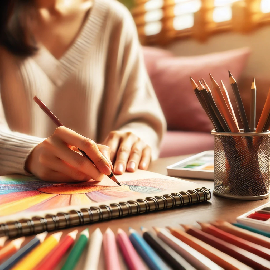 DALL·E 2025-03-04 10.22.08 - A close-up of a South Korean woman in her 30s sketching with colored pencils in a counseling room. The image focuses on her hands, the colorful drawin - 복사본.jpg