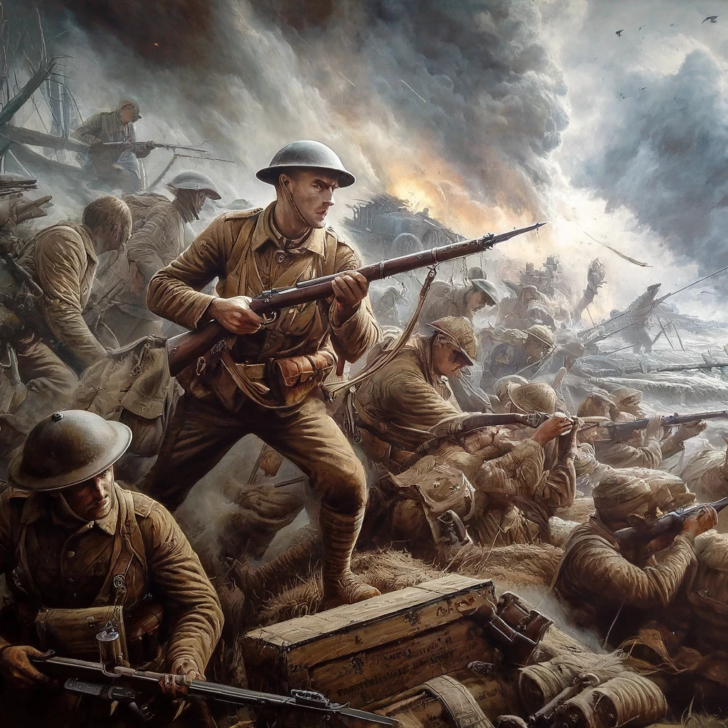 DALL·E 2024-04-07 20.40.08 - A detailed and dynamic illustration of a war scene, capturing the intense atmosphere of battle. The scene is filled with soldiers in action, their exp.jpg