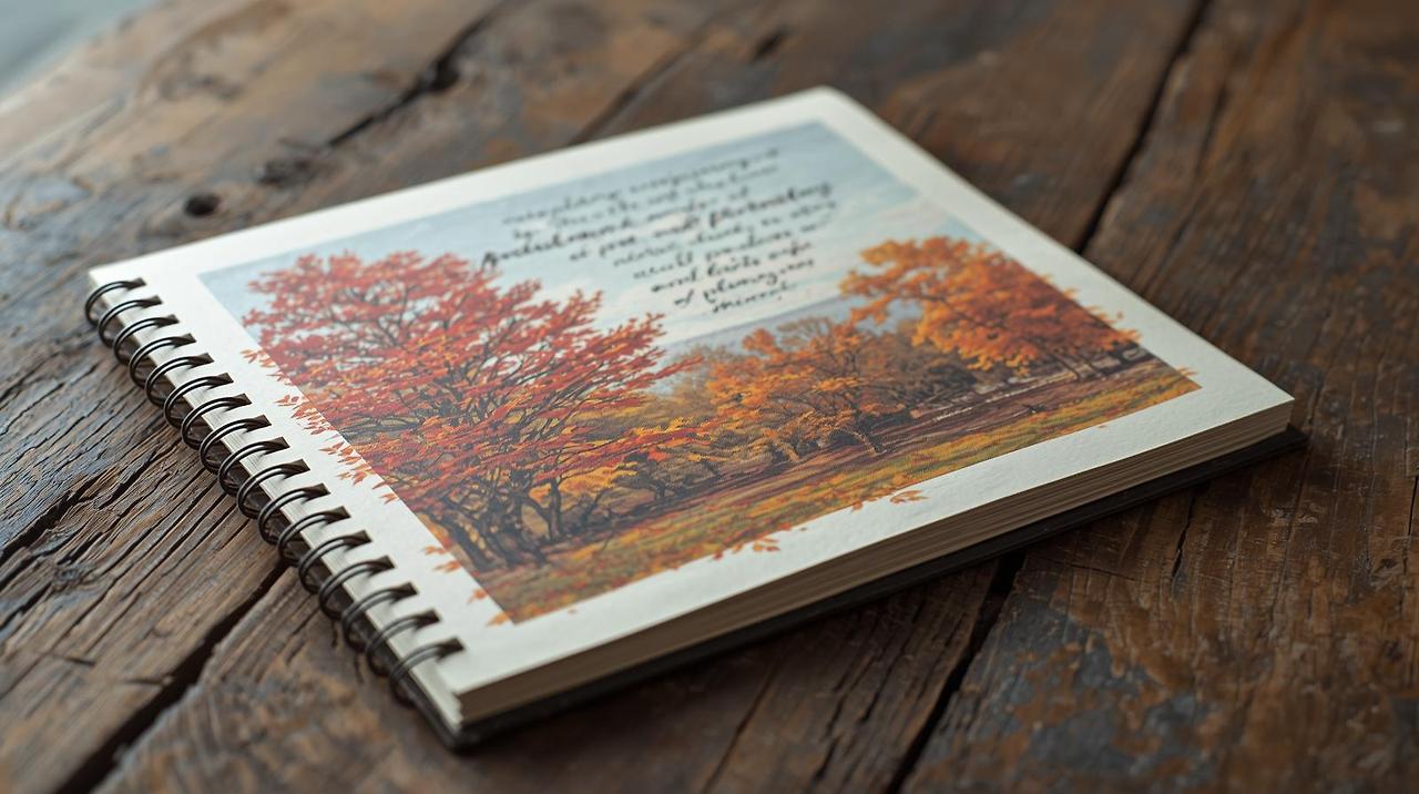 가을풍경 그림에 영문 에세이가 적힌 표지를 가진 스프링 노트가 원목 책상 위에 표지가 보이게 덮여져 자연스럽게 놓여있다..jpg