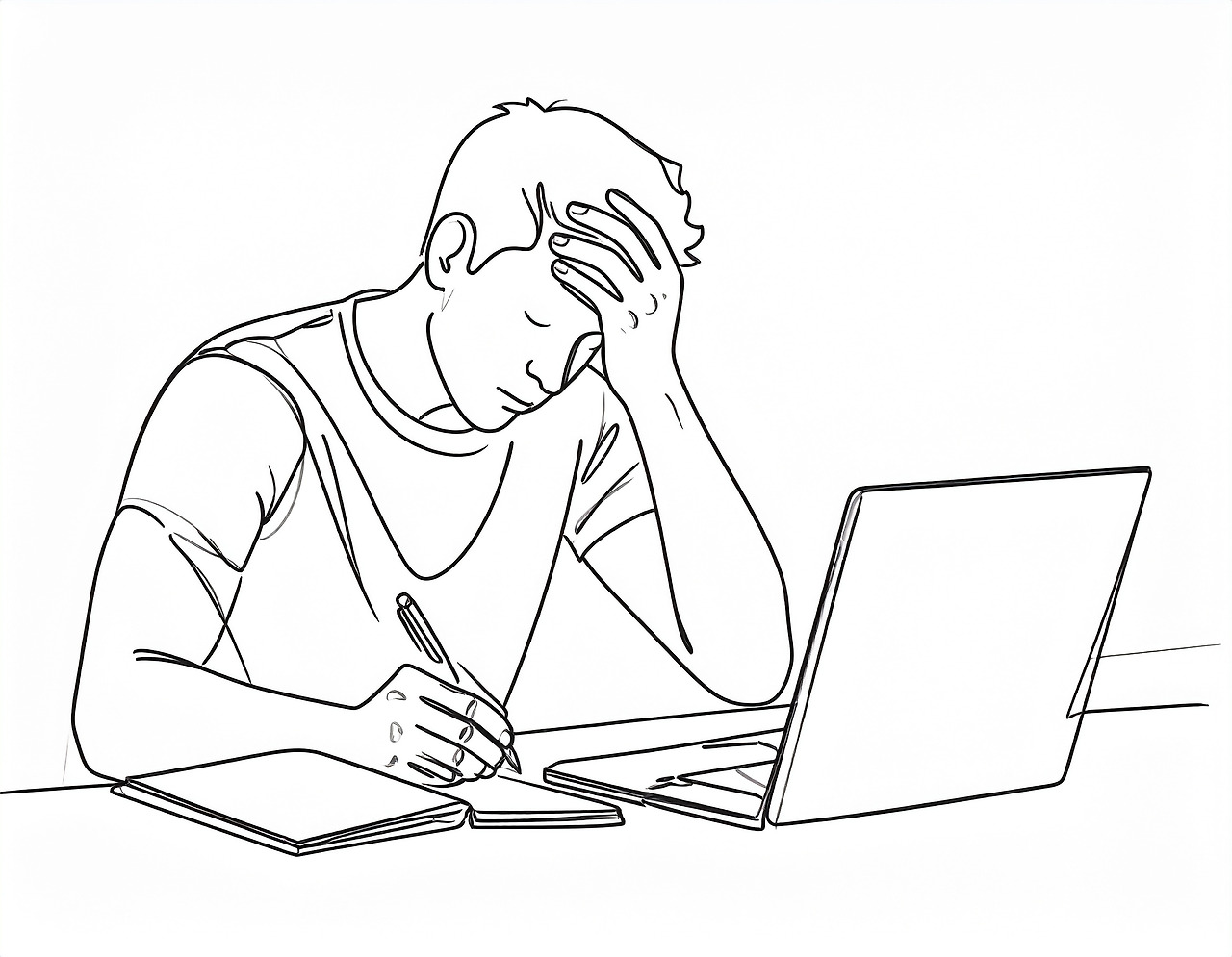 Firefly Draw a man with a tired face sitting in front of a laptop, writing something. 818031.jpg
