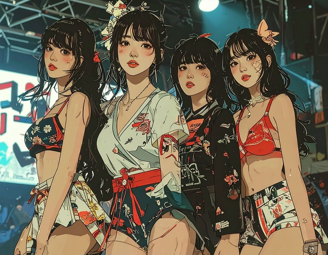 Firefly_한복, 드레스, 제복, 비키니를 입은 4명의 20대 초반의 미녀가 아이돌 그룹처럼 무대 위에 서 있다. 237067.jpg