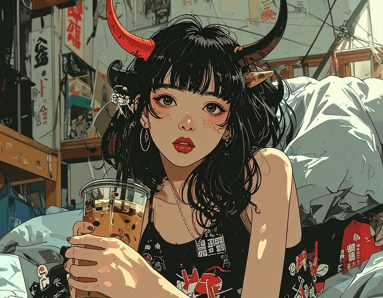 Firefly_A 20-something Korean woman with devil horns is lying in bed drinking an iced America 104602 (1).jpg