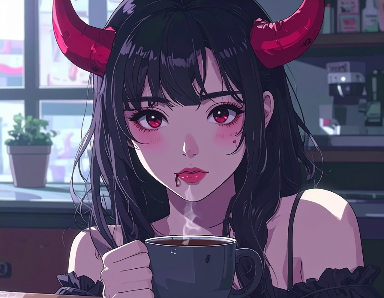 Firefly_A Korean woman in her early 20s with a devilish appearance is drinking coffee. 961054.jpg