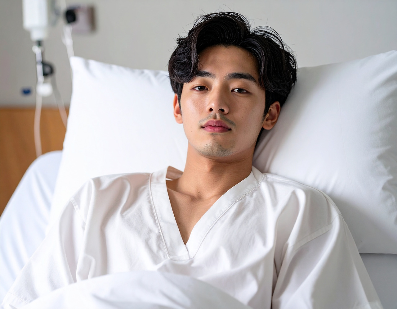 Firefly_A Korean man in his late 20s, wearing a hospital gown, is lying in a hospital bed wit 498833.jpg
