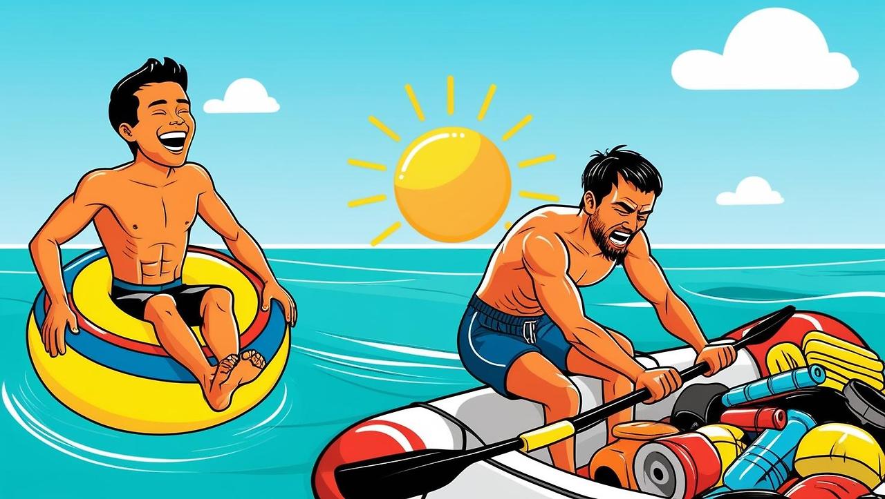 한 남자는 바다 위에서 튜브를 타고 웃고 있지만 바로 옆의 다른 남자는 물건이 많이 쌓인 뗏목을 저어가며 땀을 뻘뻘 흘리면서 고통스러운 얼굴을 하고있다.jpg