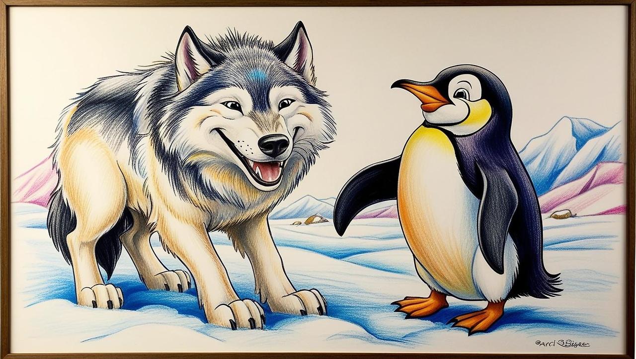 웃고 있는 늑대와 행복해하는 펭귄이 서로 친구가 되어 즐거워하는 모습을 그려줘 (2).jpg