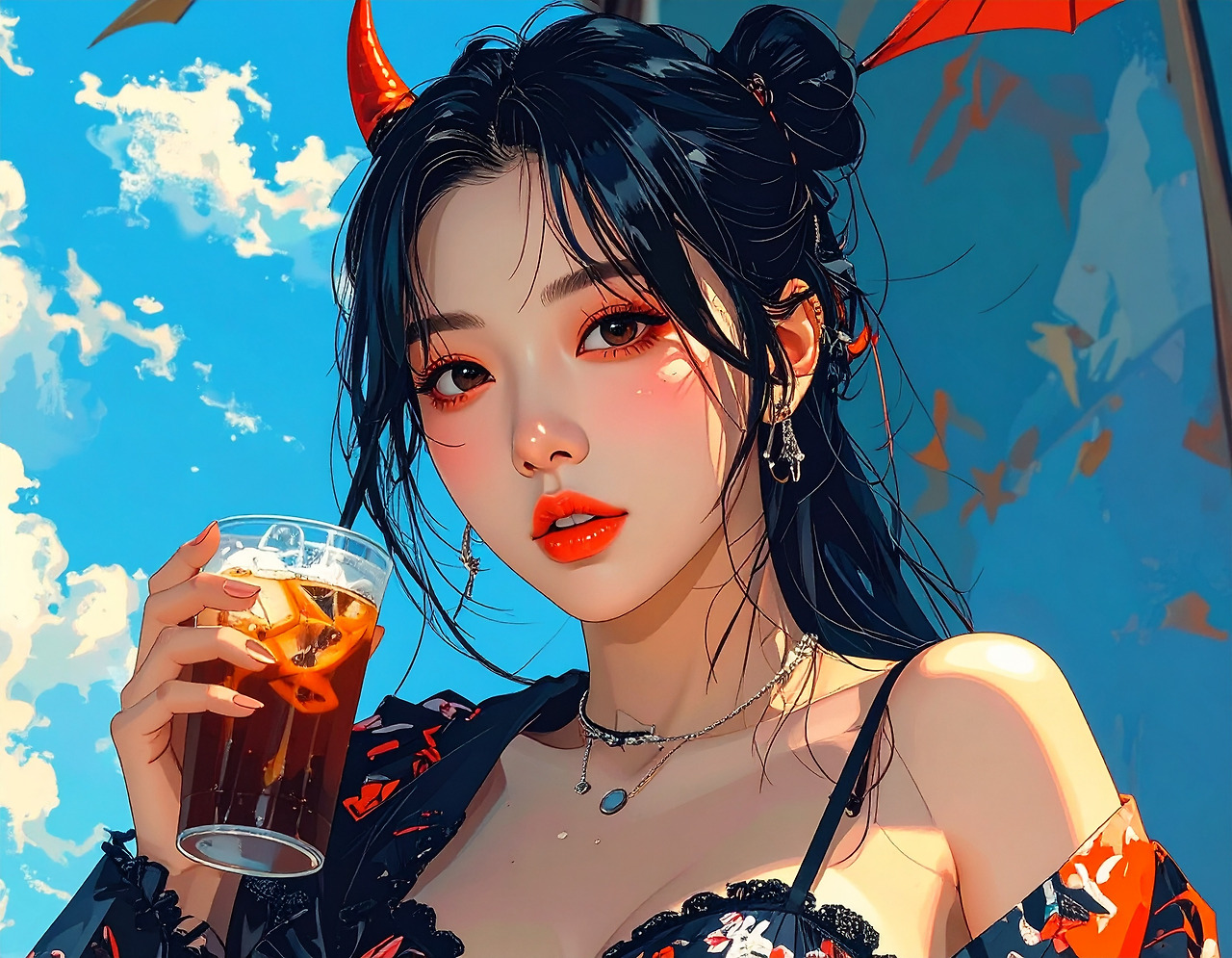Firefly_A Korean woman in her early 20s is drinking iced coffee while looking like a devil. 22622.jpg