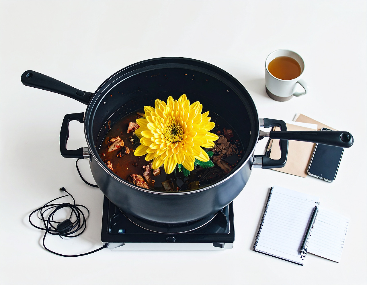 Firefly A single yellow chrysanthemum is in full bloom in the center of a bubbling kimchi stew pot.  (2).jpg