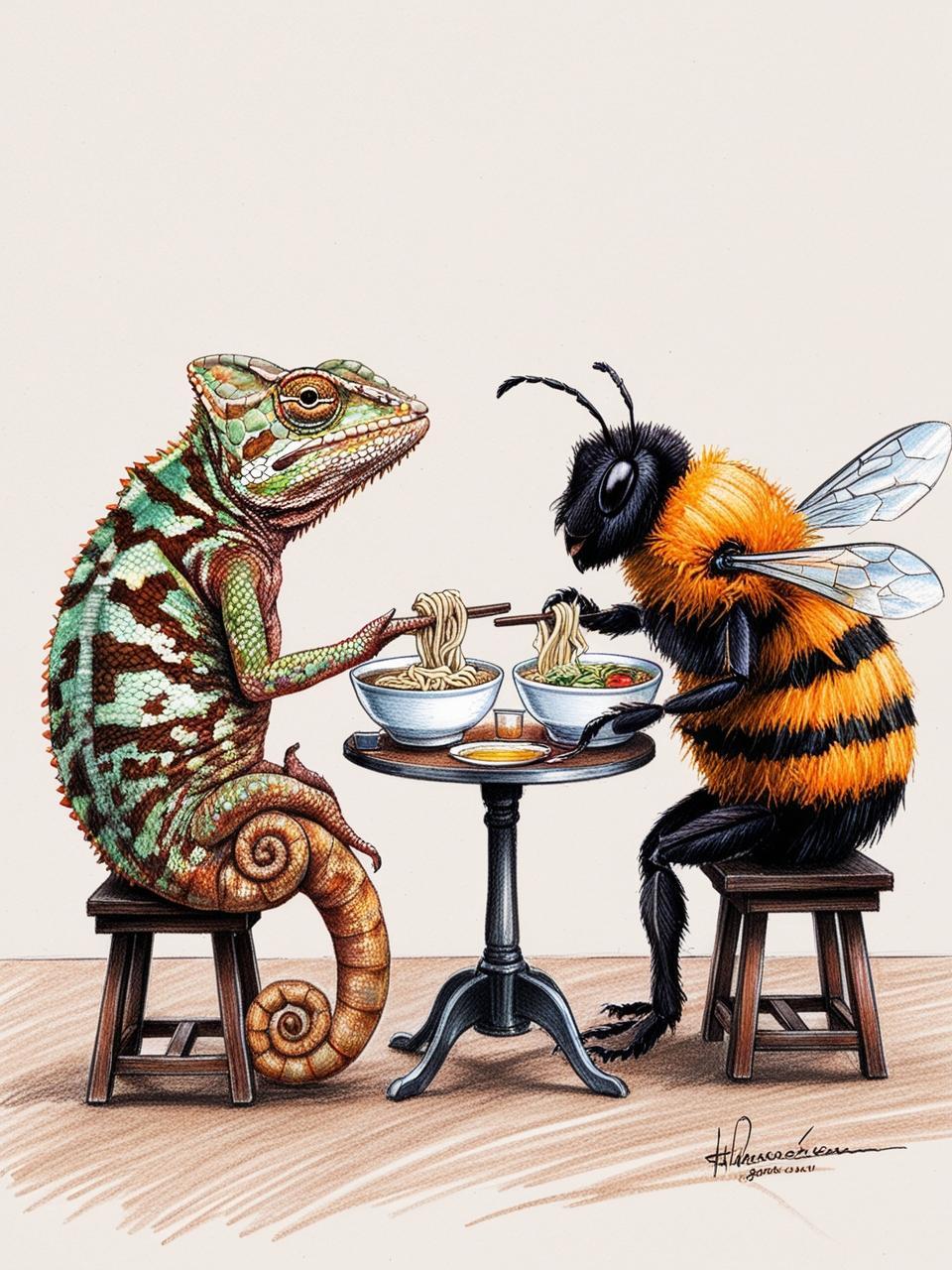 _국밥에 소주를 한 잔 하고 있는 카멜레온과 호박벌을 그려줘.jpg