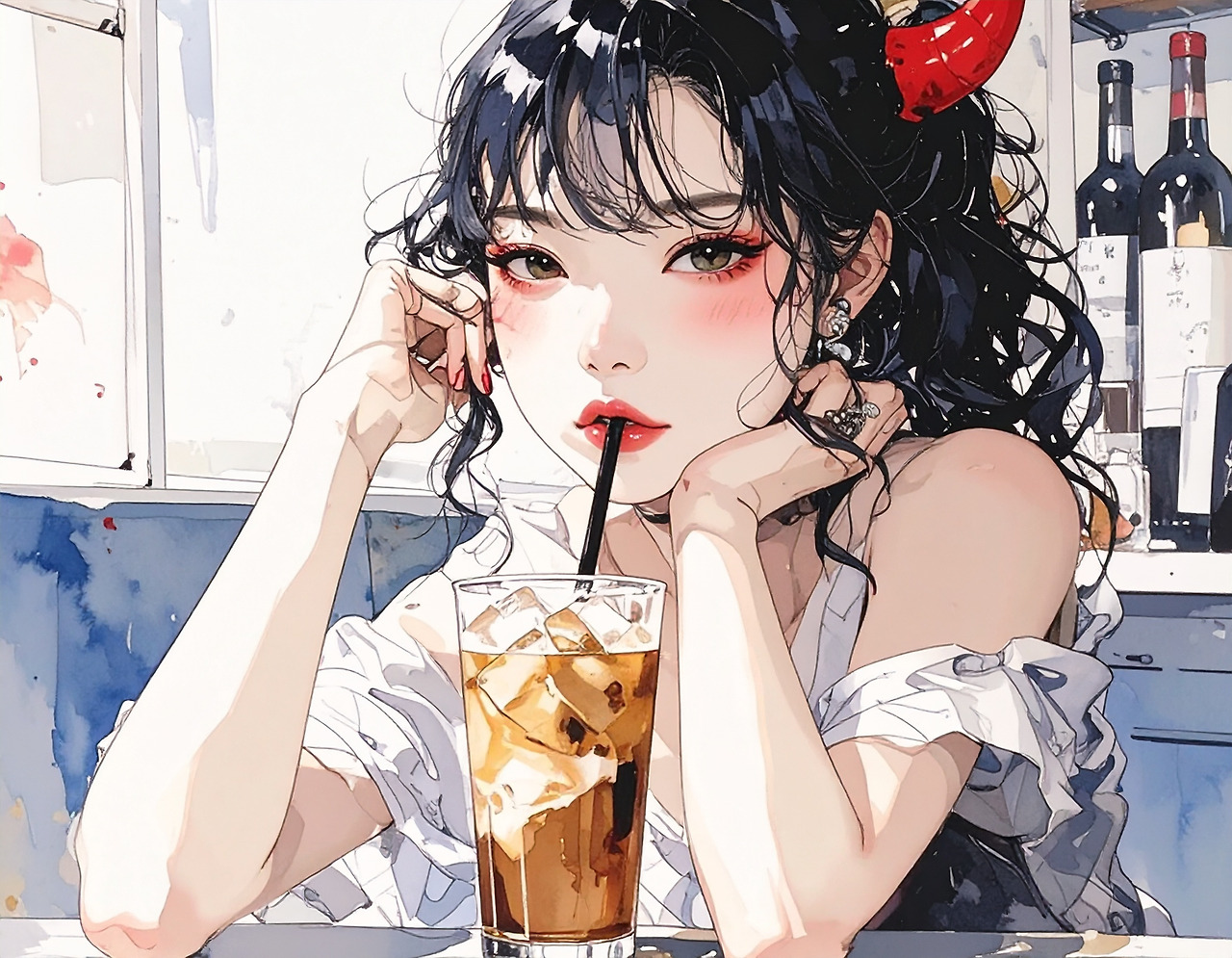 Firefly_A Korean woman in her early 20s is drinking iced coffee while looking like a devil. 410899.jpg