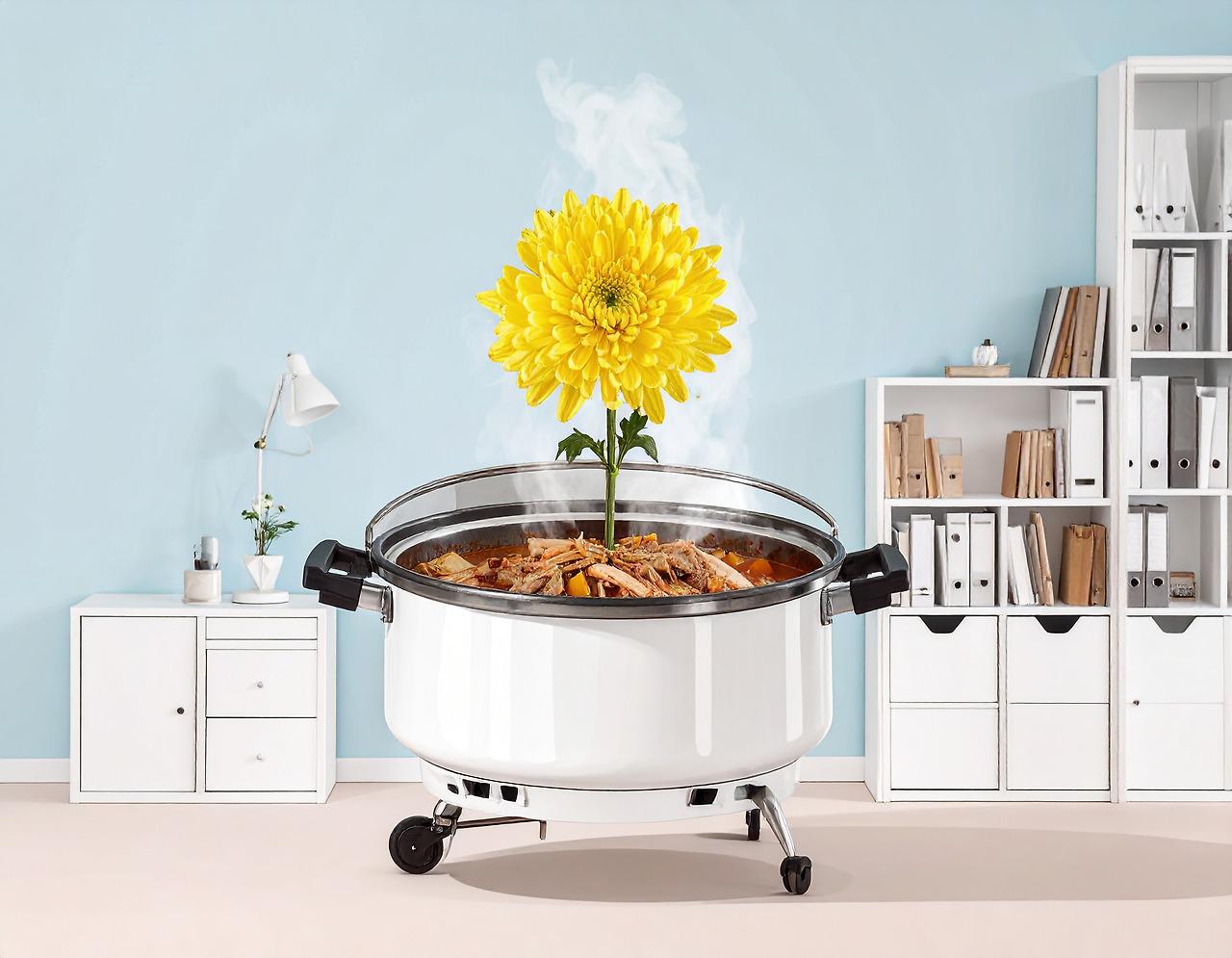 Firefly A single yellow chrysanthemum is in full bloom in the center of a bubbling kimchi stew pot. .jpg