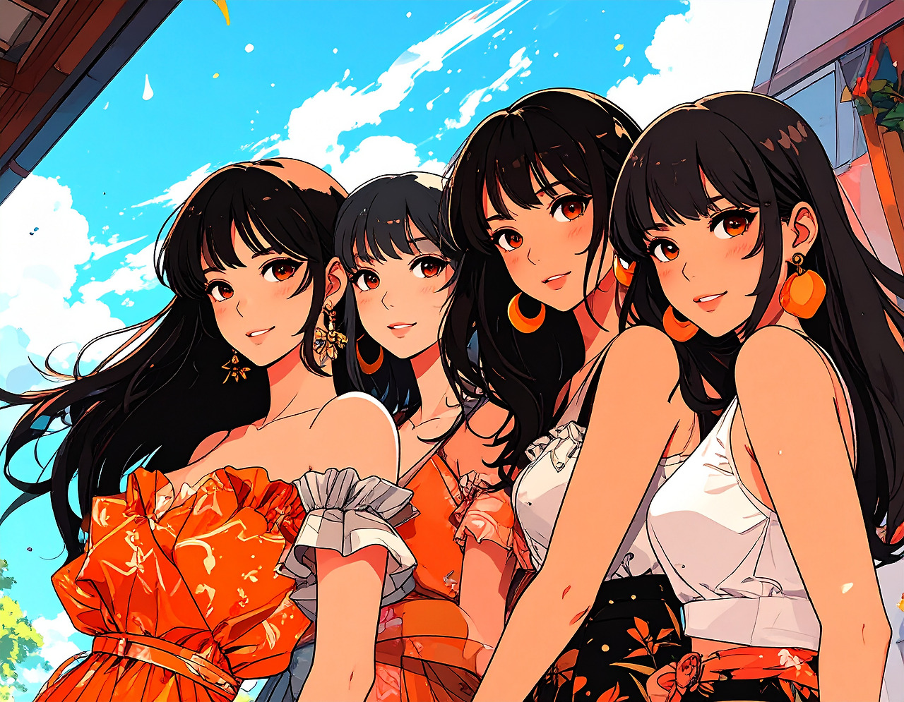 Firefly_한복, 드레스, 제복, 비키니를 입은 4명의 20대 초반의 미녀가 아이돌 그룹처럼 무대 위에 서 있다. 774721.jpg