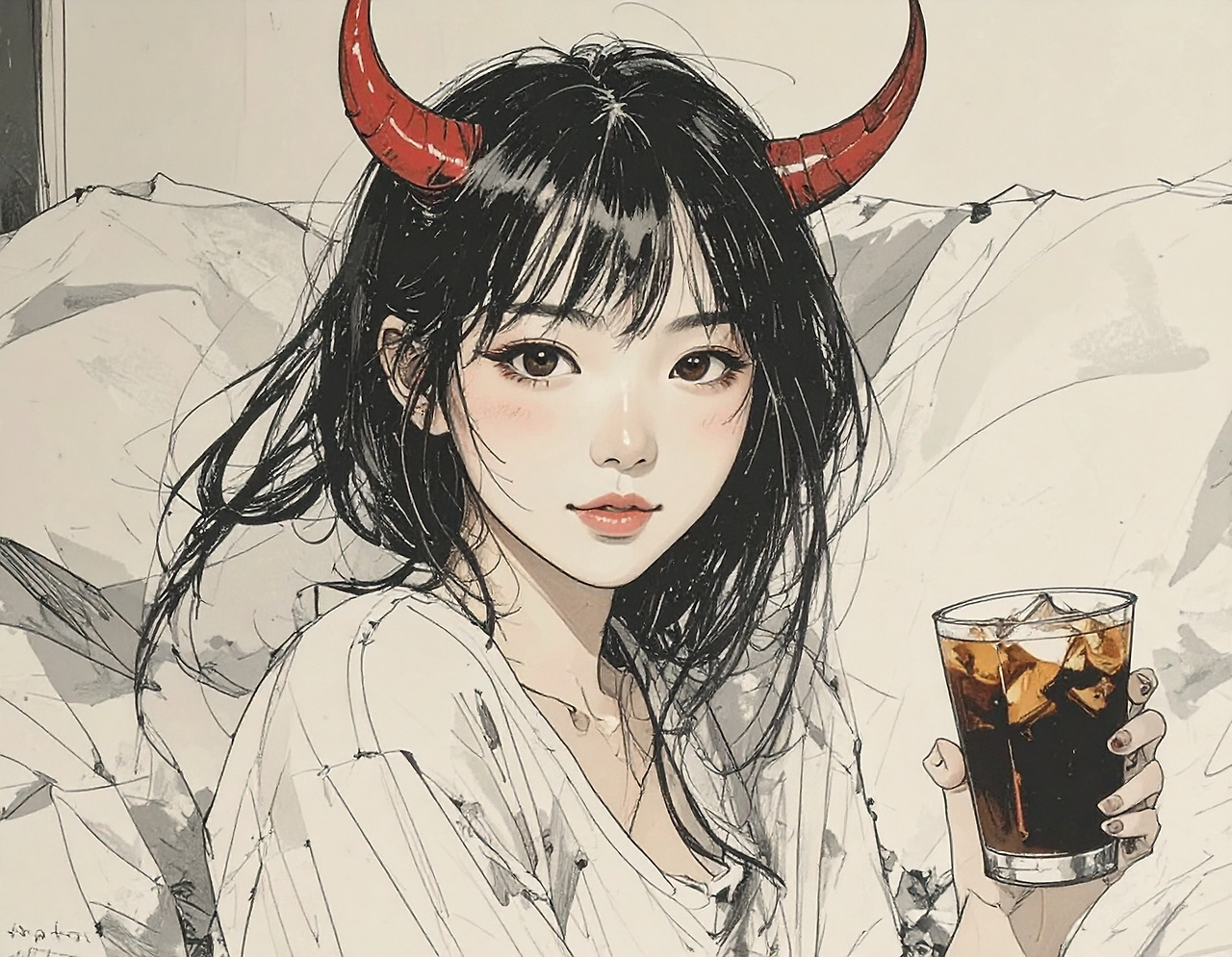 Firefly_A 20-something Korean woman with devil horns is lying in bed drinking an iced America 104602 (6).jpg