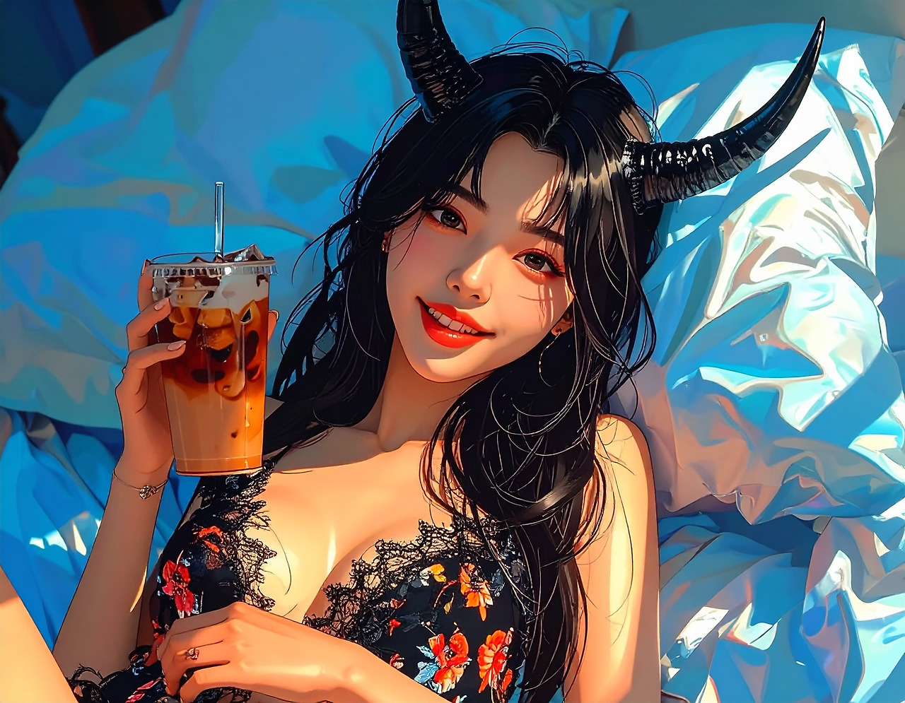 Firefly_A 20-something Korean woman with devil horns is lying in bed drinking an iced America 104602 (4).jpg