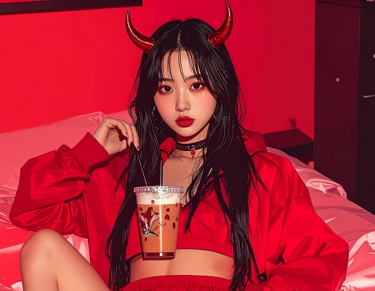 Firefly_A 20-something Korean woman with devil horns is lying in bed drinking an iced America 390926 (5).jpg
