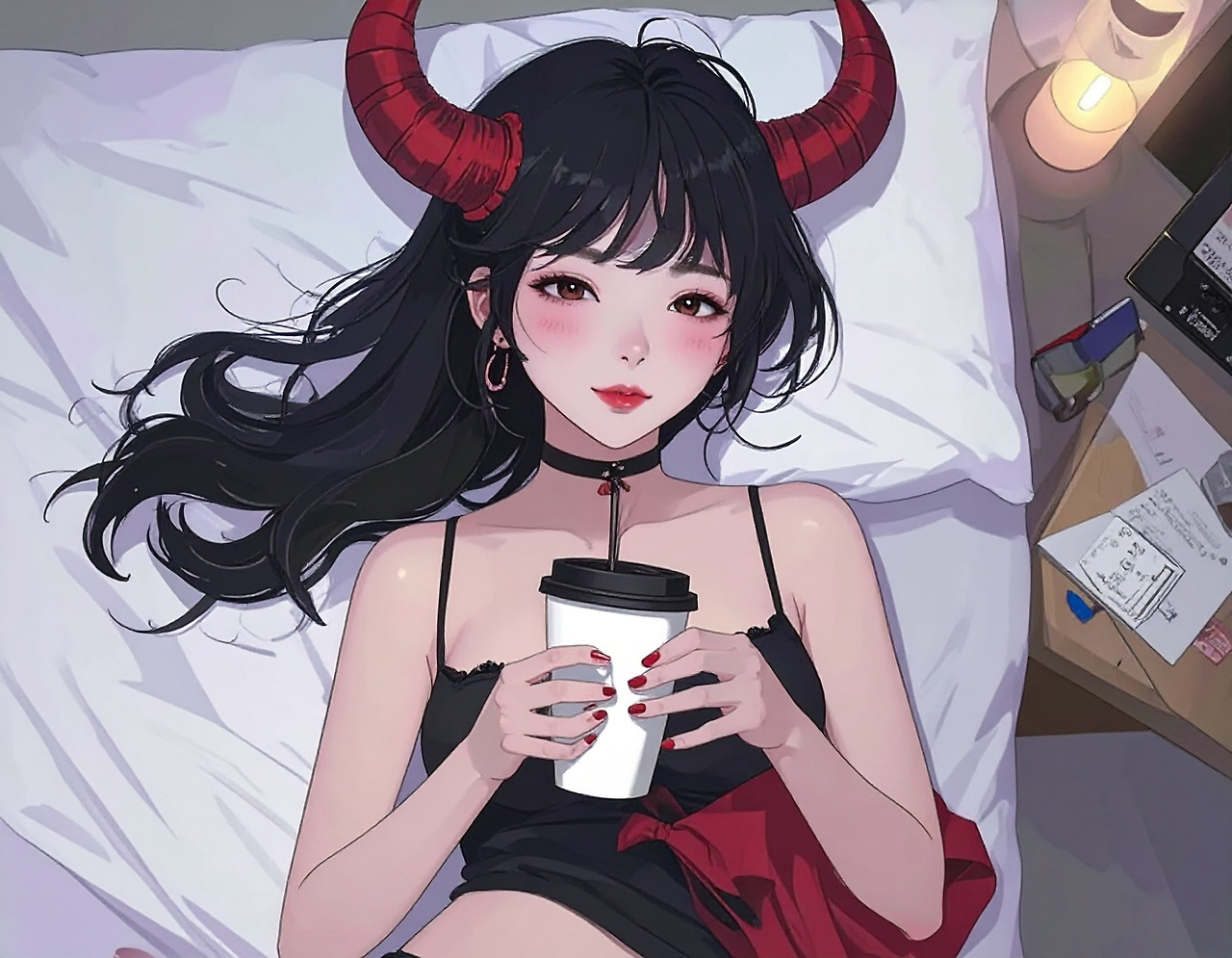 Firefly_A Korean woman in her early 20s with a devilish appearance is drinking coffee. 873345.jpg