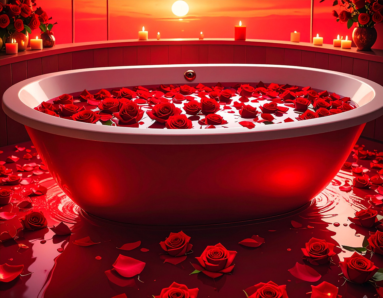 Firefly_Bright red roses float on a bathtub full of red water._ 620676.jpg