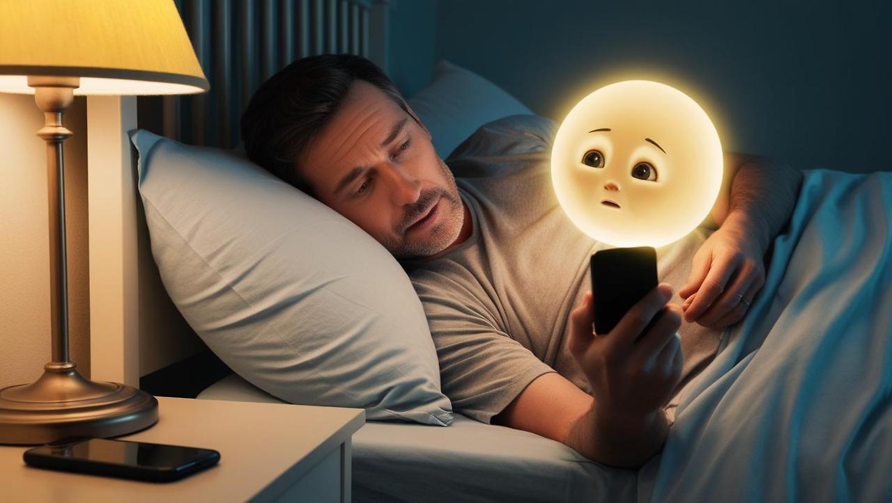 침대에 누워서 핸드폰을 보다 잠에 든 한 남자를 보고 머리 맡에 있는 작은 전등이 걱정스러운 듯 남자를 말리고 있다. (1).jpg