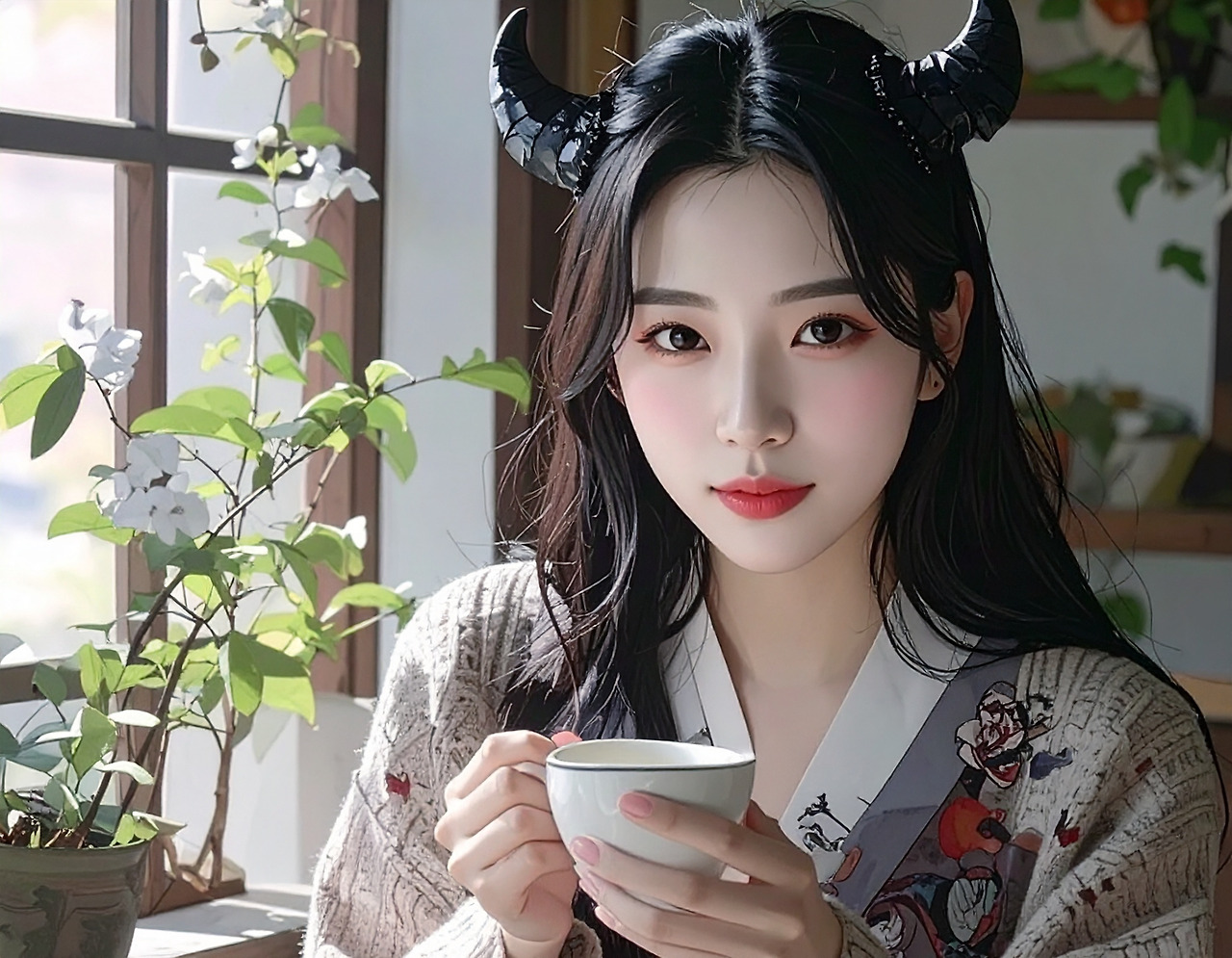 Firefly_A devil in the form of a beautiful Korean woman in her 20s enjoying coffee. 220834.jpg
