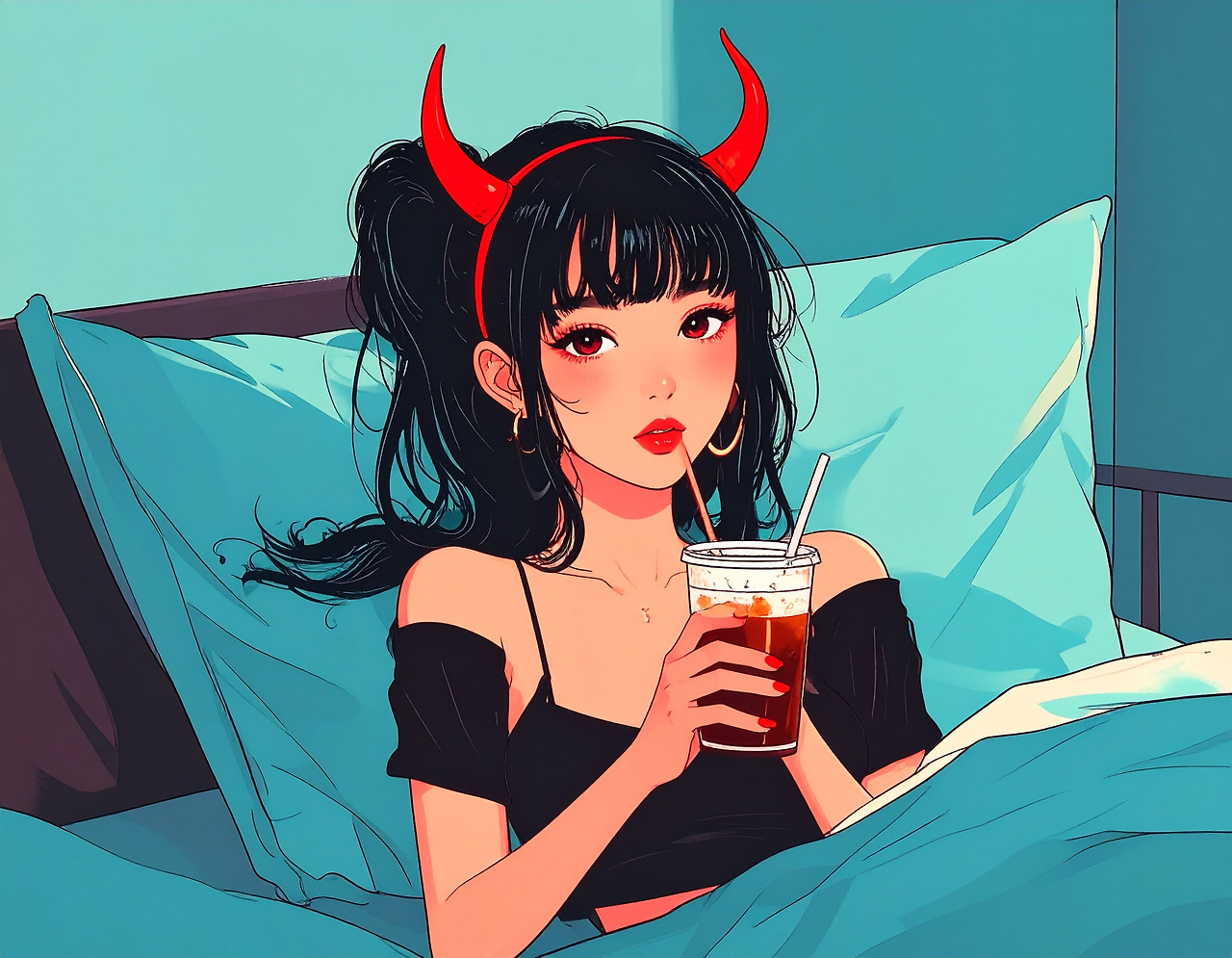 Firefly_A 20-something Korean woman with devil horns is lying in bed drinking an iced America 352545 (5).jpg