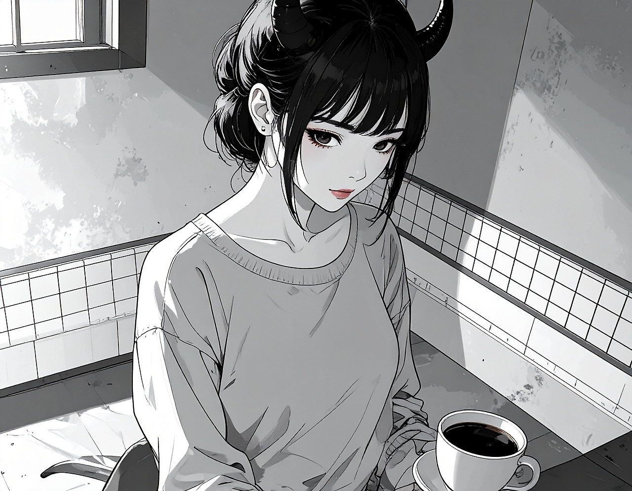 Firefly_A devil in the form of a beautiful Korean woman in her 20s enjoying coffee. 799386.jpg