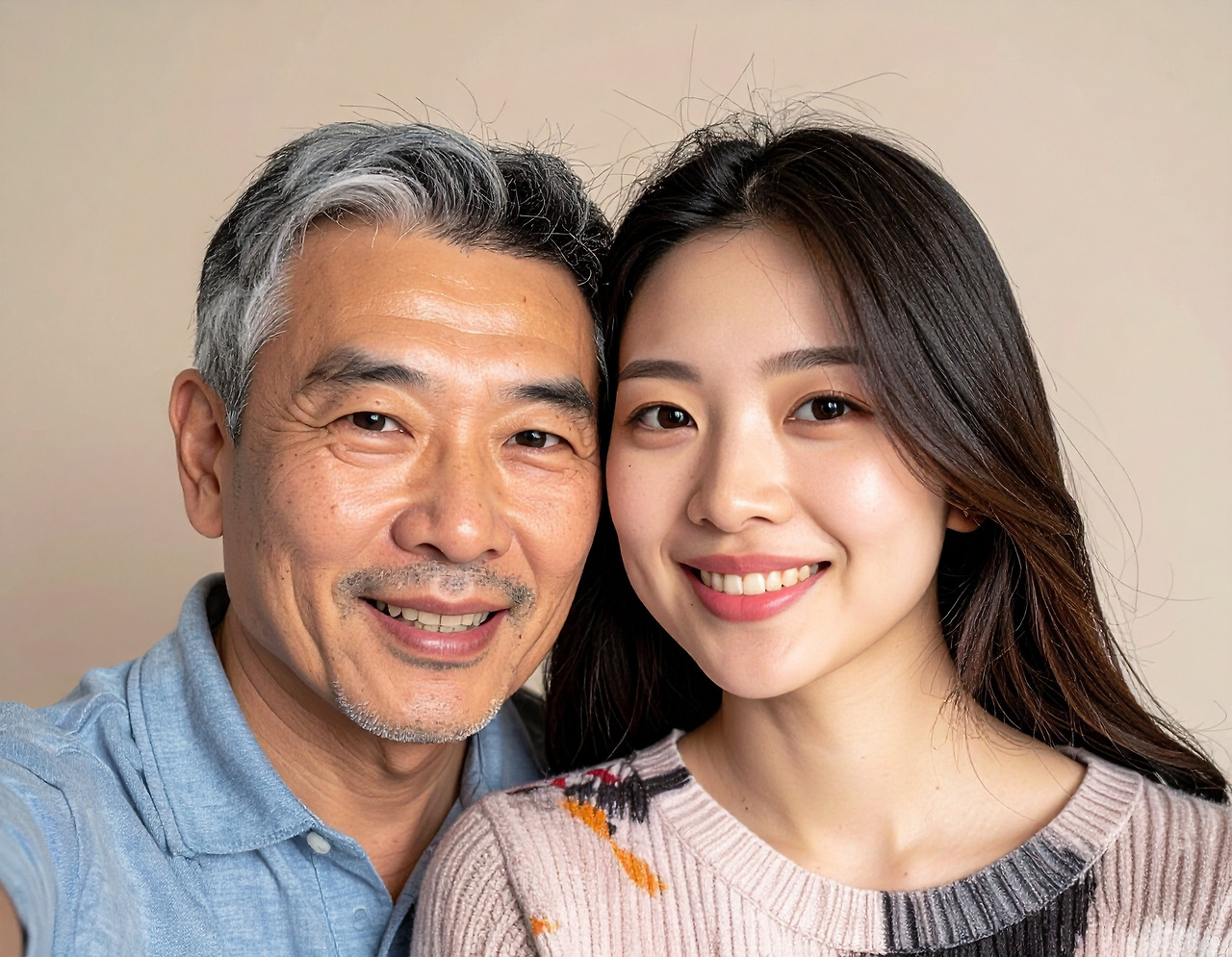 Firefly A Korean man in his mid-40s with graying hair is taking a couple photo with a clearly young .jpg