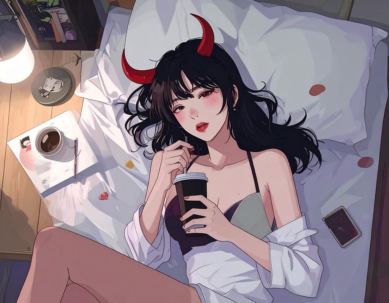 Firefly_A Korean woman in her early 20s with a devilish appearance is drinking coffee. 456750.jpg