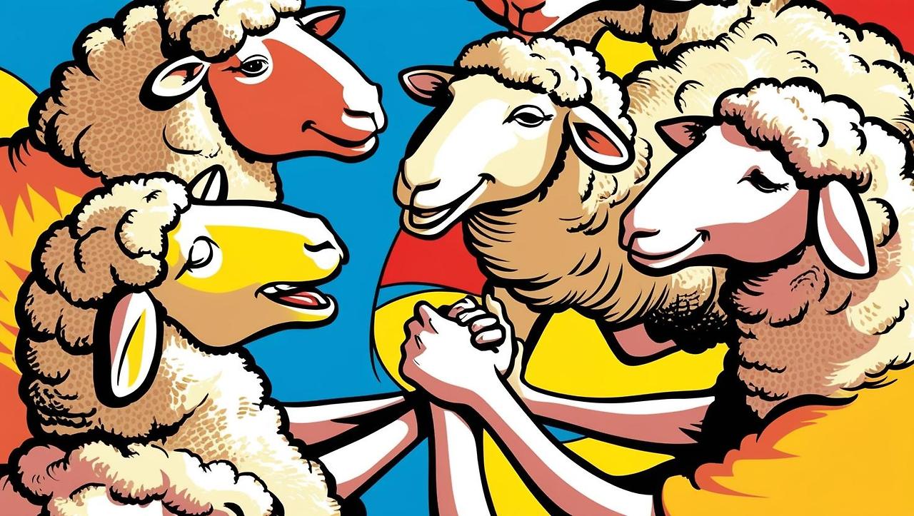 양들이 웃으면서 서로 악수를 하고 있다..jpg