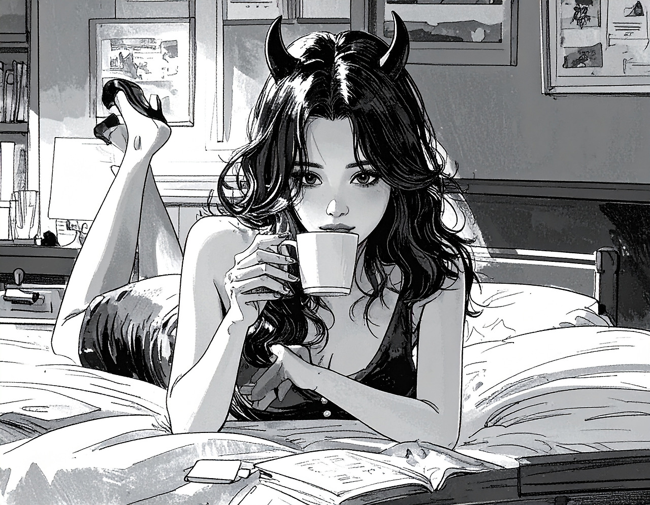 Firefly_A Korean woman in her early 20s with a devilish appearance is lying in bed drinking c 724832.jpg