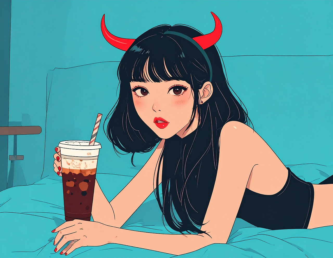 Firefly_A 20-something Korean woman with devil horns is lying in bed drinking an iced America 104602 (5).jpg