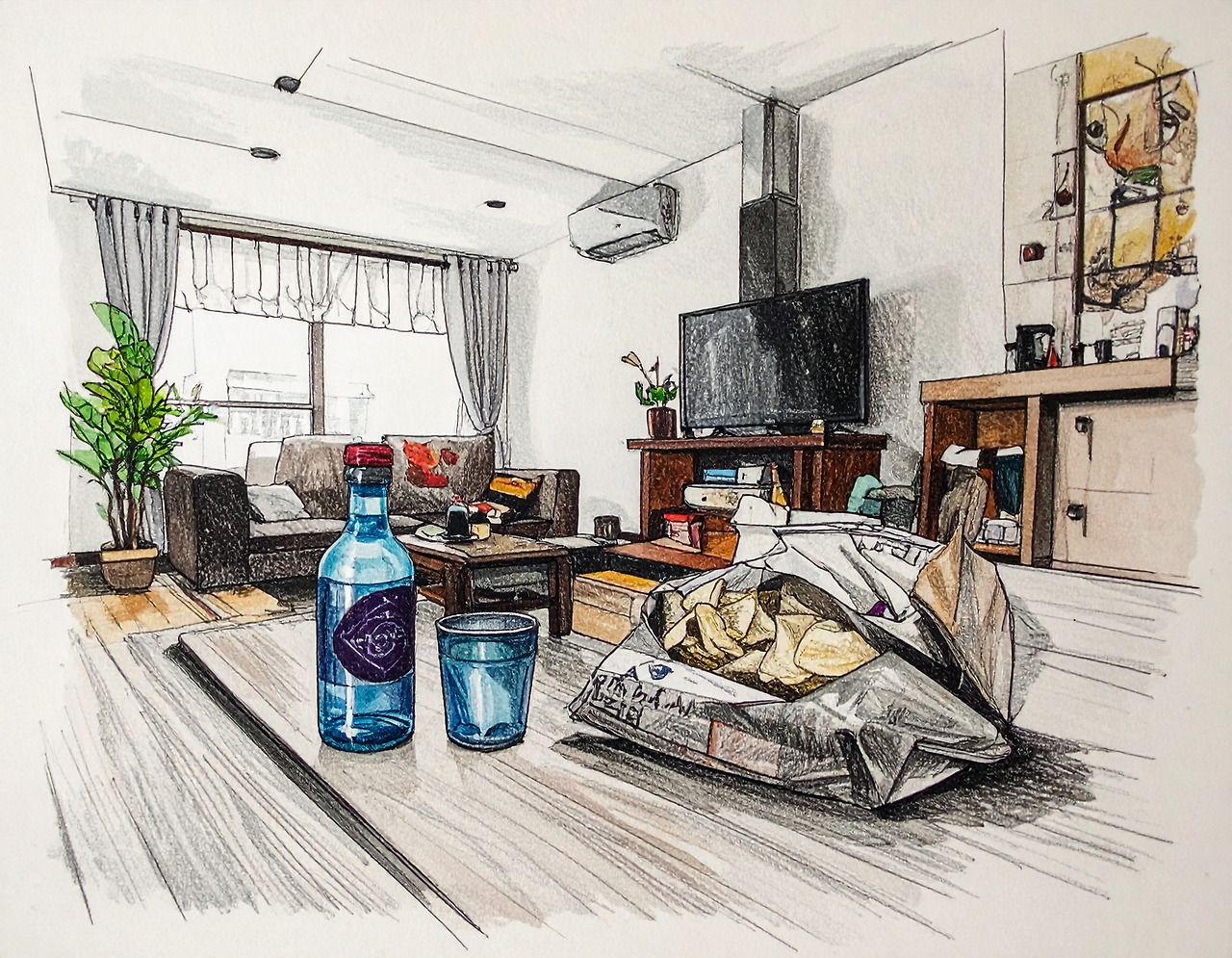 Firefly Draw a shabby living room that looks like a small studio apartment, with a bottle of soju, p (1).jpg