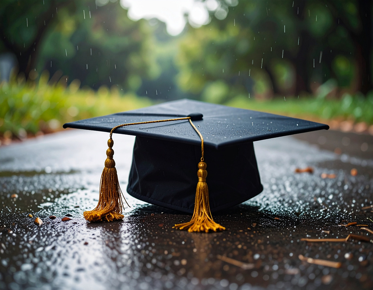 Firefly_A mortarboard lies lonely on the ground, getting wet from the rain. 706324.jpg