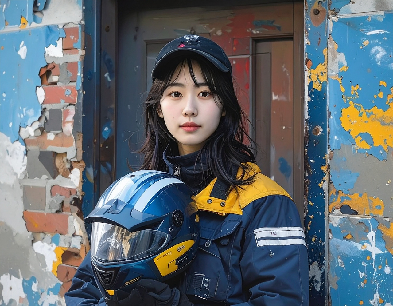 Firefly__A Korean female delivery woman in her 20s stands in front of a door with her helmet  50520.jpg