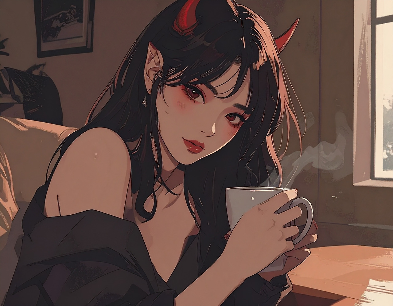 Firefly_A Korean woman in her early 20s with a devilish appearance is drinking coffee. 183315.jpg
