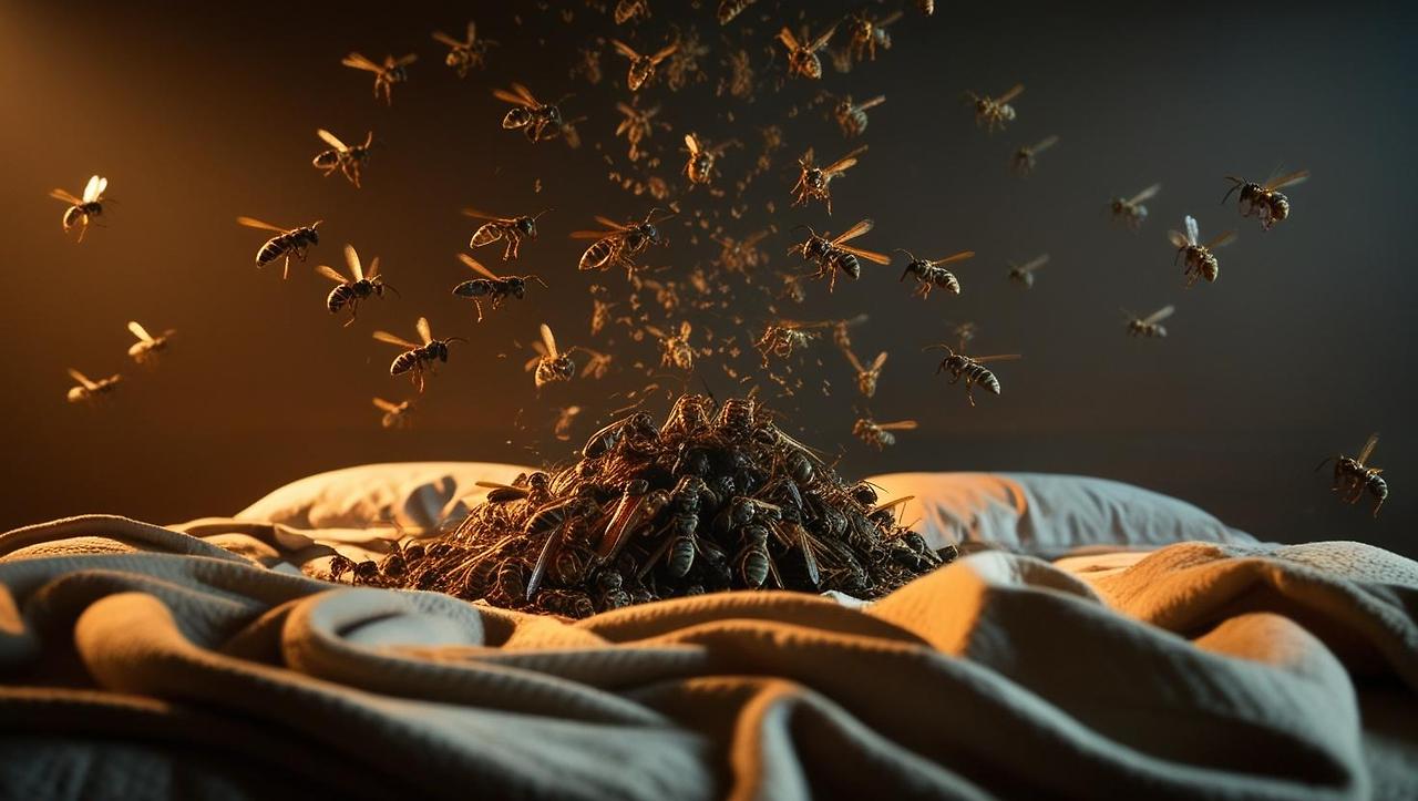 이불이 헝클어진 침대에서 말벌들이 뿜어져 나오고 있다..jpg