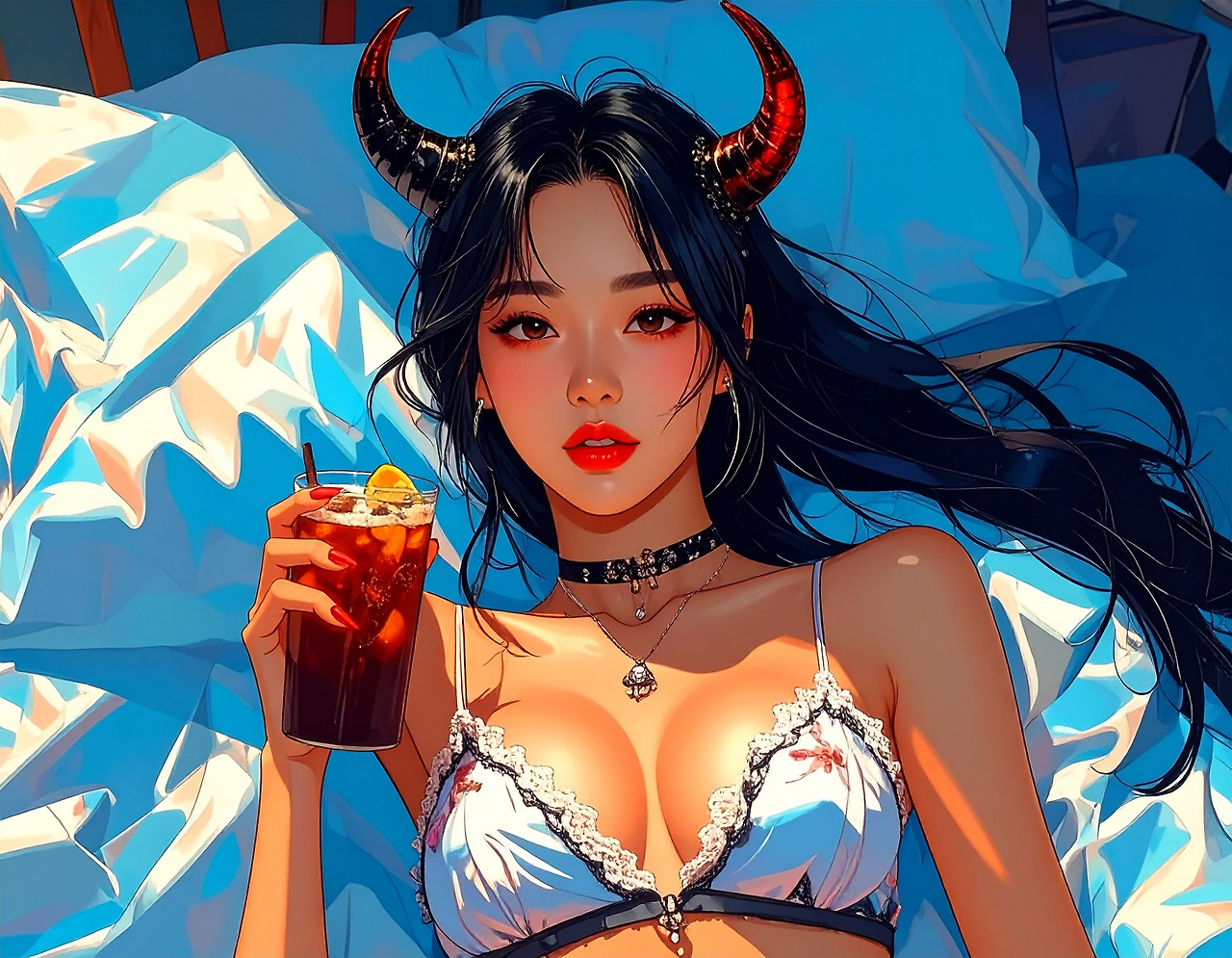 Firefly_A 20-something Korean woman with devil horns is lying in bed drinking an iced America 390926 (4).jpg