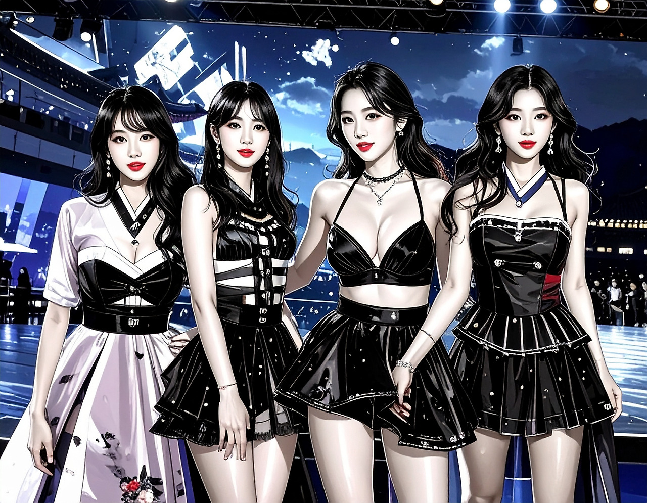 Firefly_한복, 드레스, 제복, 비키니를 입은 4명의 20대 초반의 미녀가 아이돌 그룹처럼 무대 위에 서 있다. 250281.jpg