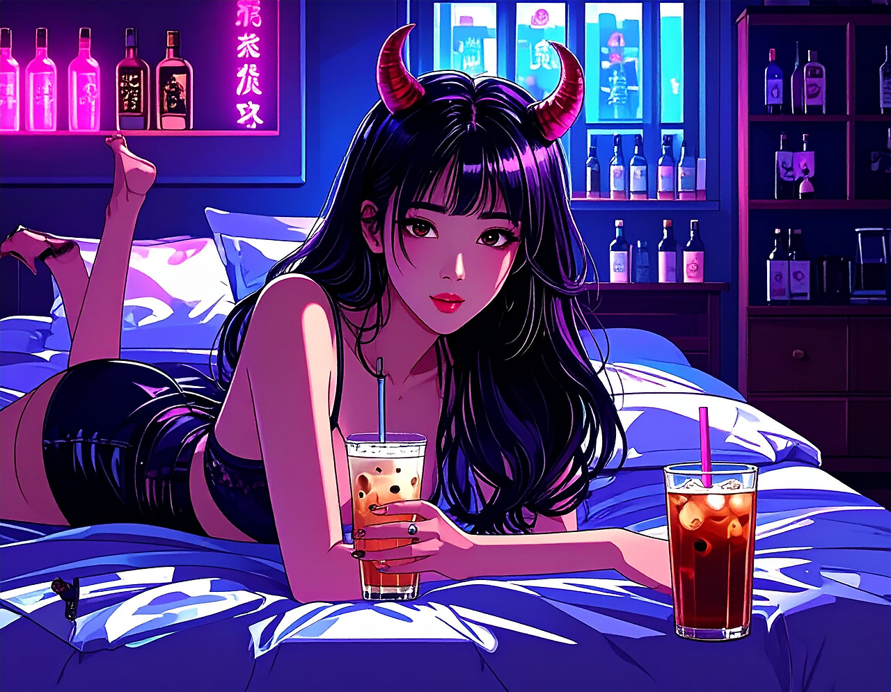 Firefly_A 20-something Korean woman with devil horns is lying in bed drinking an iced America 390926 (7).jpg